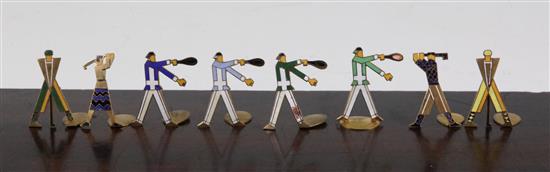 Eight German / Austrian Art Deco brass and enamel sports people menu holders, 3.8cm - 4cm